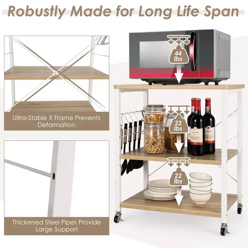 3-Tier Kitchen Baker's Rack Microwave Oven Storage Cart w/ Hook