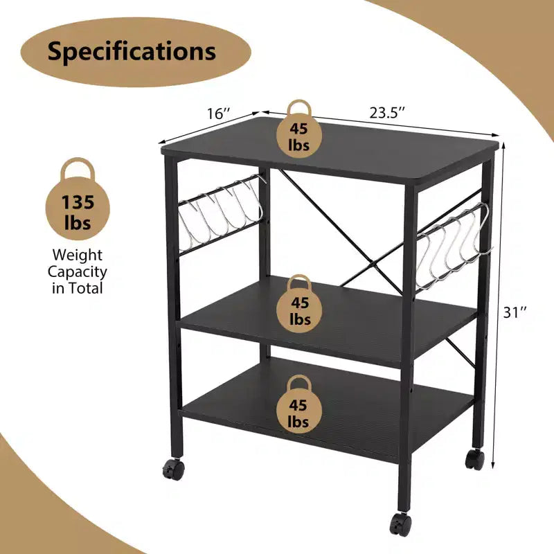 3-Tier Kitchen Baker's Rack Microwave Oven Storage Cart w/ Hook