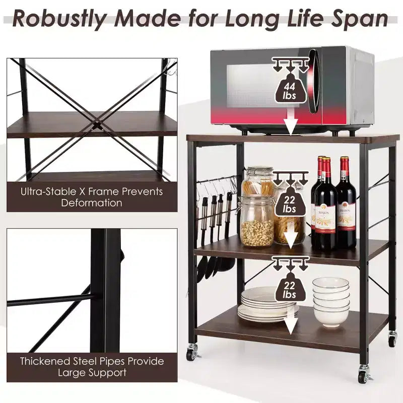 3-Tier Kitchen Baker's Rack Microwave Oven Storage Cart w/ Hook