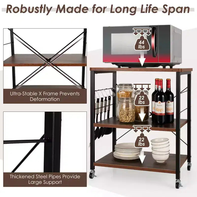 3-Tier Kitchen Baker's Rack Microwave Oven Storage Cart w/ Hook