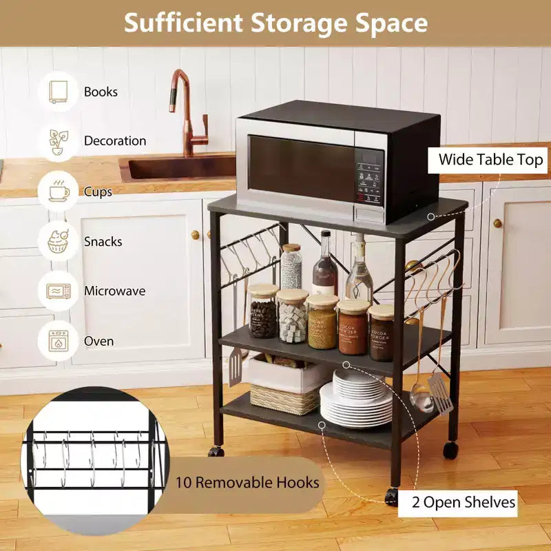 3-Tier Kitchen Baker's Rack Microwave Oven Storage Cart w/ Hook