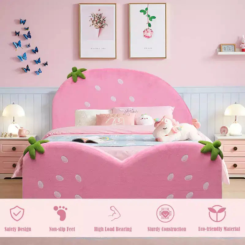 Kids Children Upholstered Platform Toddler Bed Bedroom Furniture Berry Pattern