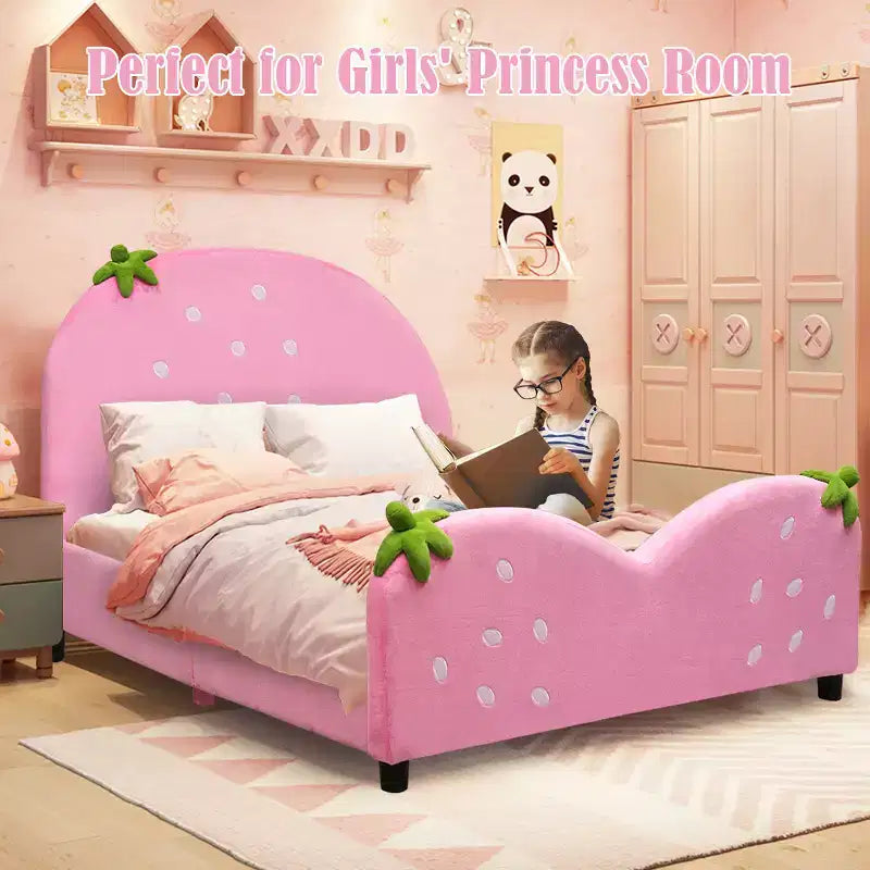 Kids Children Upholstered Platform Toddler Bed Bedroom Furniture Berry Pattern