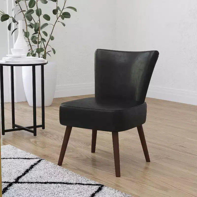 Black Faux Leather Mid-Back Retro Accent Side Chair with Flared Wooden Legs