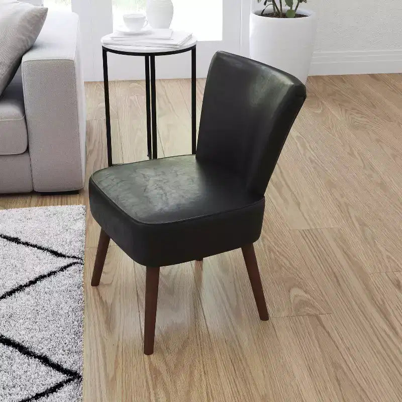 Black Faux Leather Mid-Back Retro Accent Side Chair with Flared Wooden Legs
