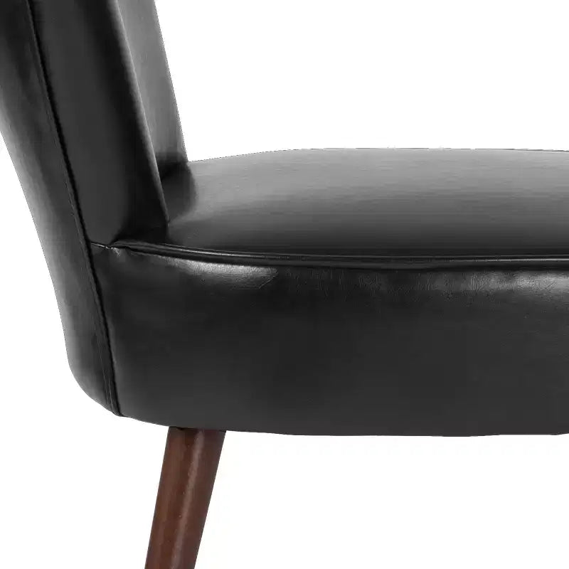 Black Faux Leather Mid-Back Retro Accent Side Chair with Flared Wooden Legs