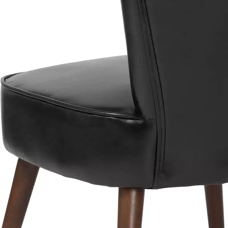 Black Faux Leather Mid-Back Retro Accent Side Chair with Flared Wooden Legs