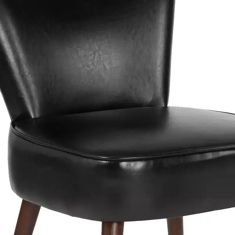 Black Faux Leather Mid-Back Retro Accent Side Chair with Flared Wooden Legs