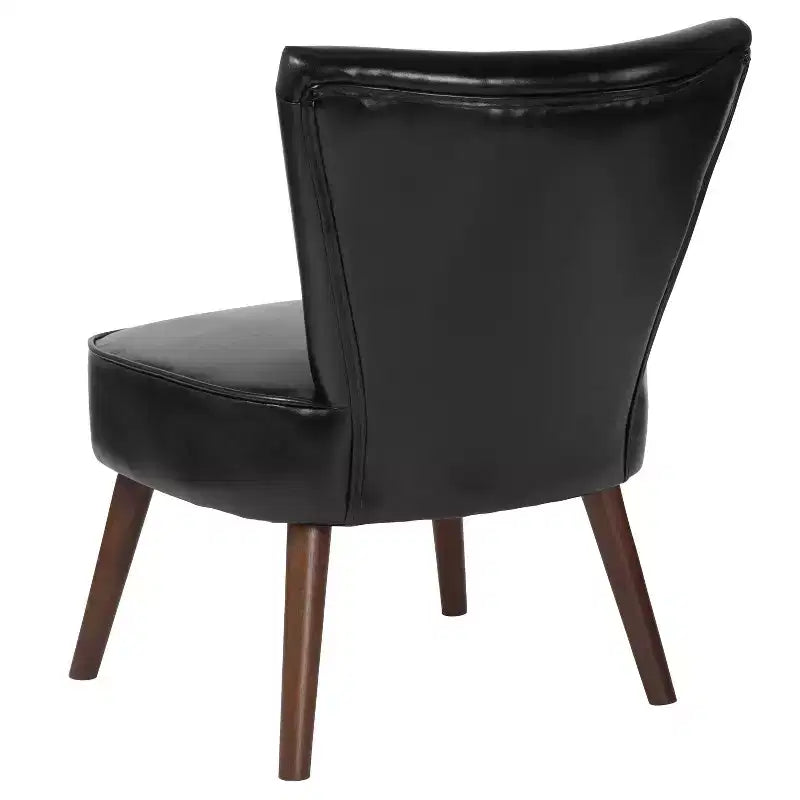 Black Faux Leather Mid-Back Retro Accent Side Chair with Flared Wooden Legs