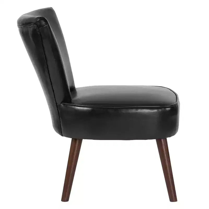 Black Faux Leather Mid-Back Retro Accent Side Chair with Flared Wooden Legs