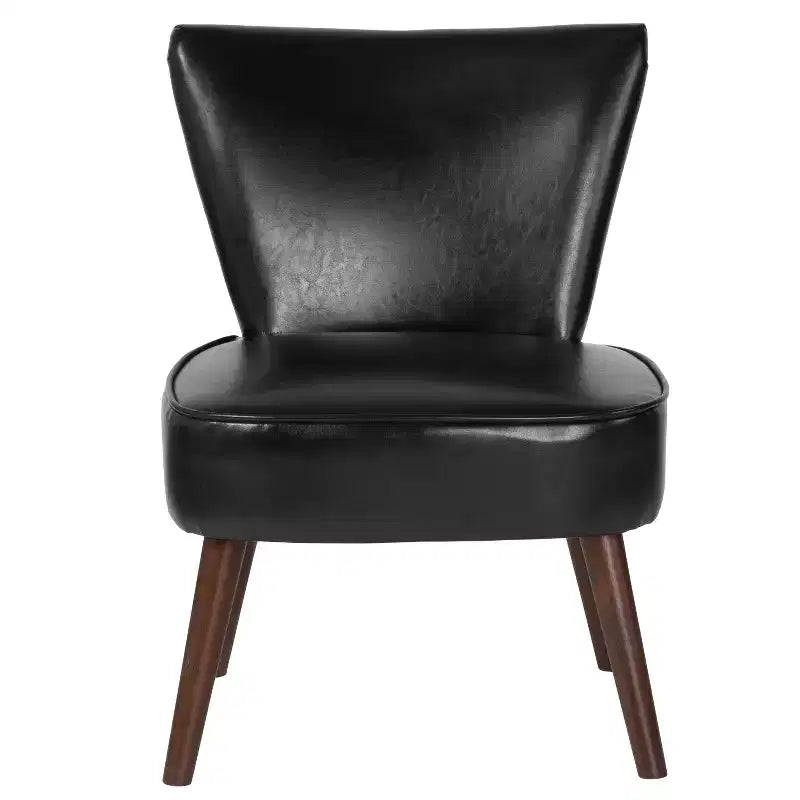 Black Faux Leather Mid-Back Retro Accent Side Chair with Flared Wooden Legs
