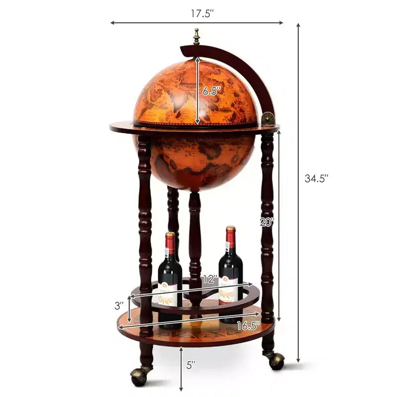 17.5'' Wood Globe Wine Bar Stand 16th Century Italian Rack Liquor Bottle Shelf