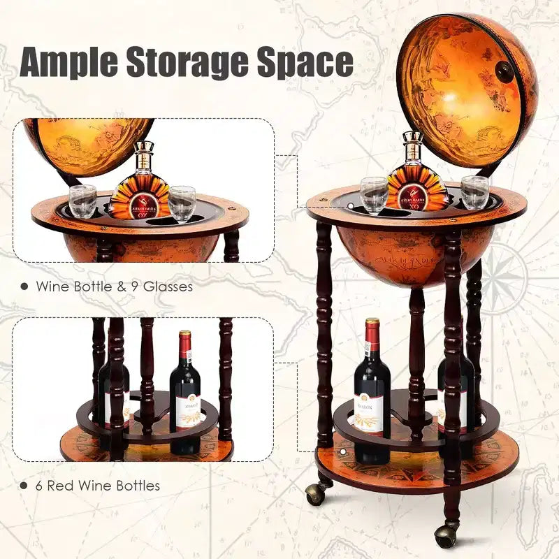 17.5'' Wood Globe Wine Bar Stand 16th Century Italian Rack Liquor Bottle Shelf