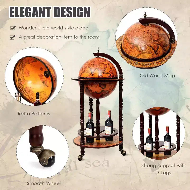 17.5'' Wood Globe Wine Bar Stand 16th Century Italian Rack Liquor Bottle Shelf