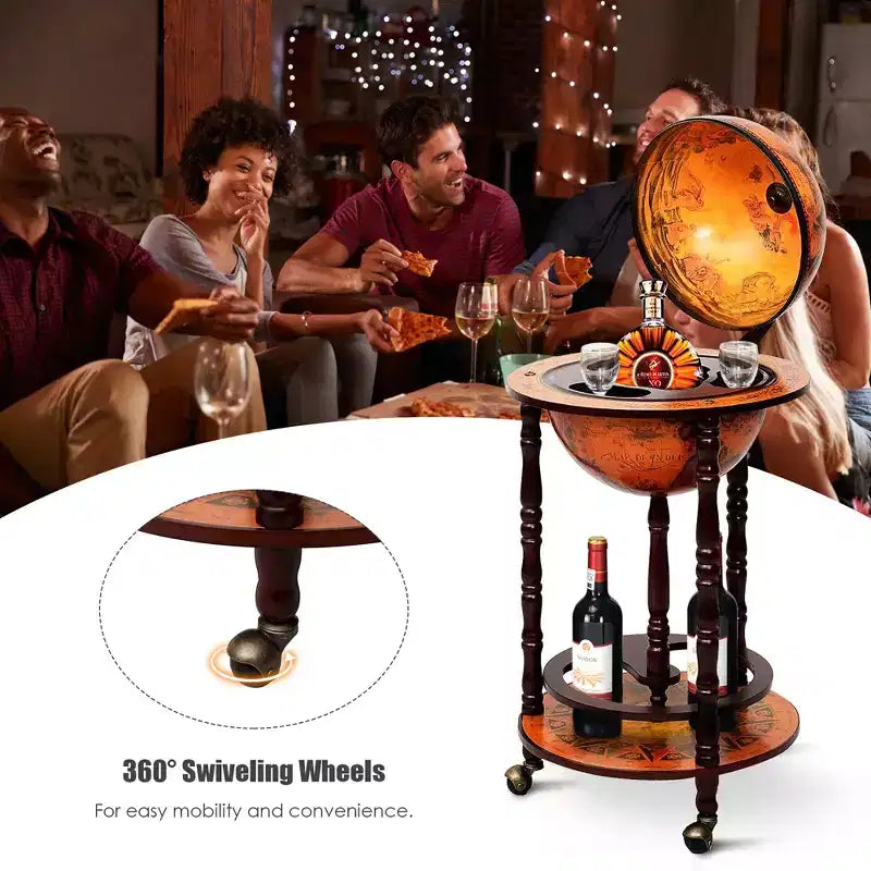 17.5'' Wood Globe Wine Bar Stand 16th Century Italian Rack Liquor Bottle Shelf