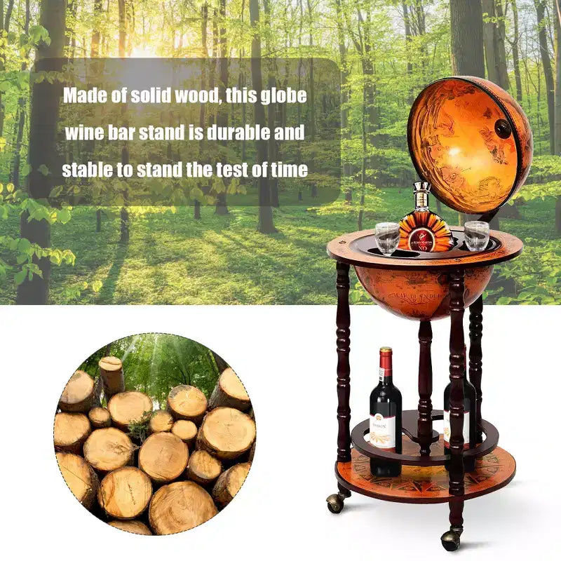 17.5'' Wood Globe Wine Bar Stand 16th Century Italian Rack Liquor Bottle Shelf