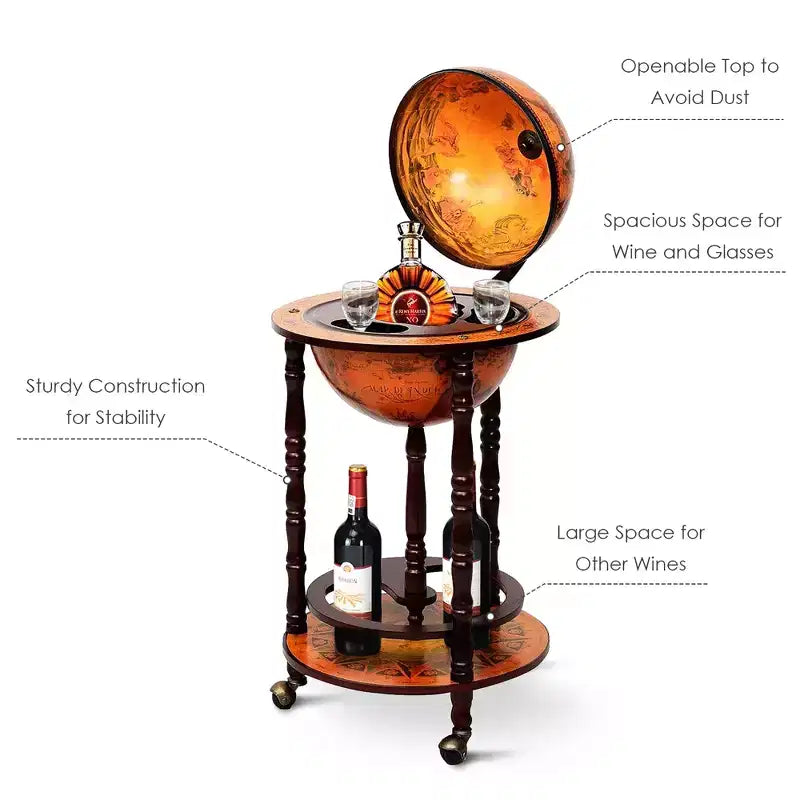 17.5'' Wood Globe Wine Bar Stand 16th Century Italian Rack Liquor Bottle Shelf