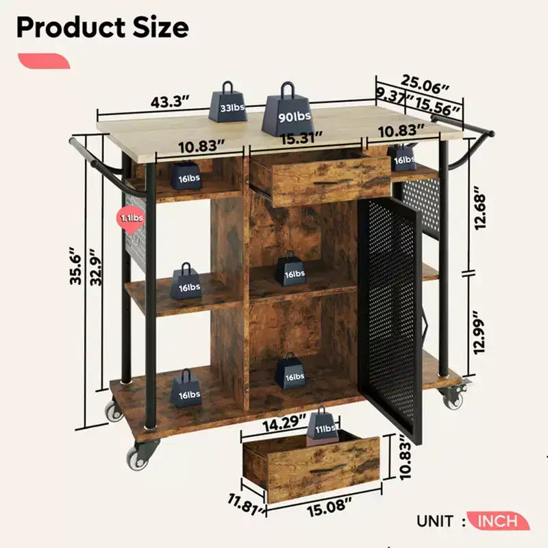 Rolling Kitchen Utility Cart with Collapsible Surface Extender, Brown