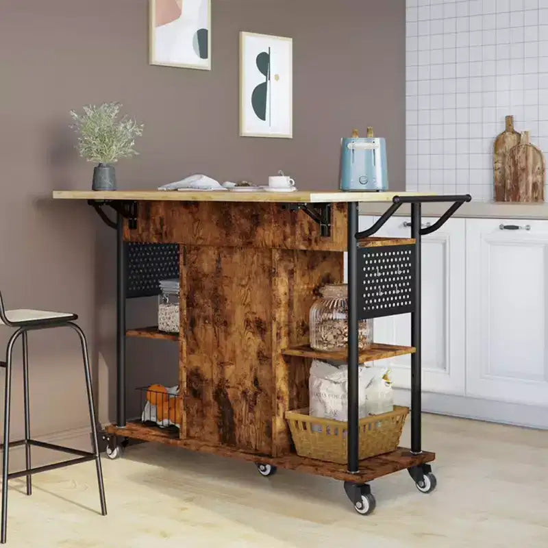 Rolling Kitchen Utility Cart with Collapsible Surface Extender, Brown