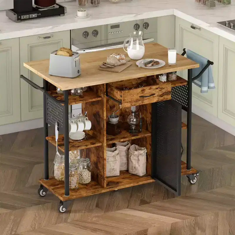 Rolling Kitchen Utility Cart with Collapsible Surface Extender, Brown