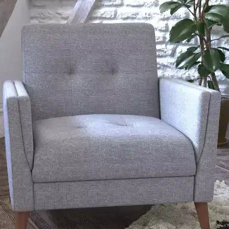 Mid-Century Modern Armchair with Tufted Faux Linen Upholstery and Solid Wood Legs