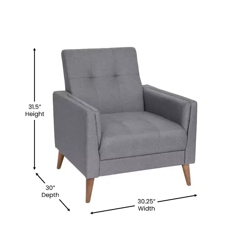 Mid-Century Modern Armchair with Tufted Faux Linen Upholstery and Solid Wood Legs