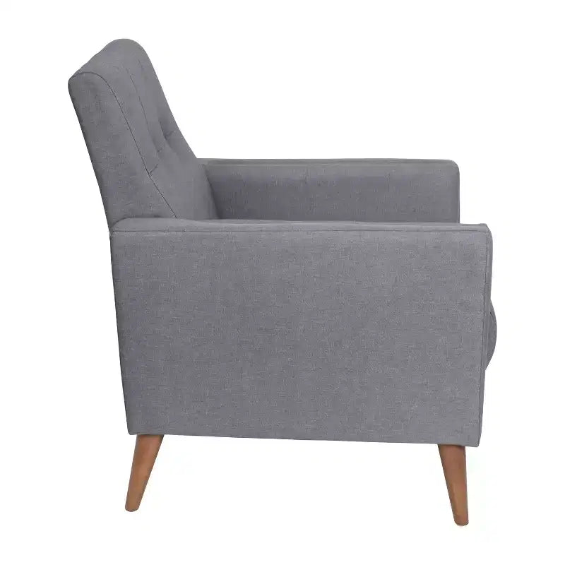 Mid-Century Modern Armchair with Tufted Faux Linen Upholstery and Solid Wood Legs