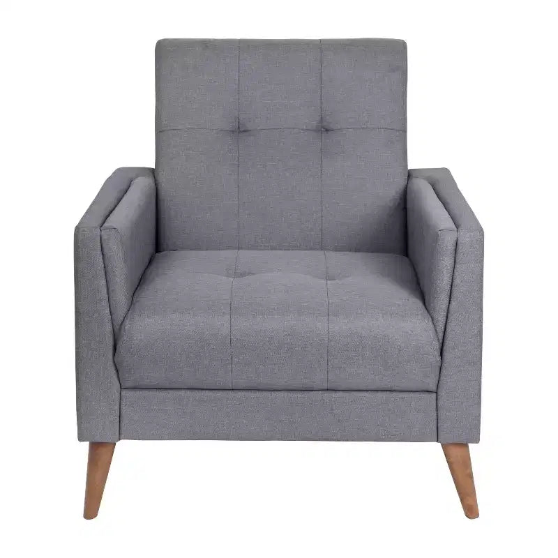 Mid-Century Modern Armchair with Tufted Faux Linen Upholstery and Solid Wood Legs